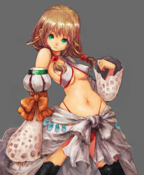 Rule 34 | 1girl, arched back, arm at side, black thighhighs, bow, breasts, brown hair, cleavage, closed mouth, contrapposto, detached sleeves, earrings, fantasy, green eyes, grey background, halterneck, hand up, highleg, highleg panties, hip focus, hoop earrings, jewelry, looking at viewer, low twintails, navel, orange bow, original, panties, simple background, solo, standing, thighhighs, tied skirt, toka (marchlizard), twintails, underboob, underwear