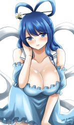 Rule 34 | 1girl, absurdres, bare shoulders, blue dress, blue eyes, blue hair, blush, breasts, cleavage, collarbone, commentary request, cowboy shot, dated, detached sleeves, dress, hair ornament, hair rings, hair stick, hand in own hair, hanging breasts, highres, hisin, kaku seiga, large breasts, leaning forward, open mouth, puffy short sleeves, puffy sleeves, shawl, short sleeves, signature, simple background, solo, touhou, white background