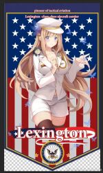 1girl american_flag blonde_hair blue_eyes blush breasts buxiuhongxingshe_jintiantuopinlema cleavage collarbone cowboy_shot english_text epaulettes feathers flag_background flower hair_flower hair_ornament hat jacket large_breasts lexington_(warship_girls_r) long_hair long_sleeves military military_uniform mini_person minigirl multiple_girls peaked_cap shirt shorts skirt smile solo thighhighs very_long_hair warship_girls_r weibo_logo weibo_watermark white_jacket white_shirt white_shorts