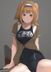 Rule 34 | 10s, 1girl, breasts, brown eyes, hairband, i-26 (kancolle), kantai collection, light brown hair, long hair, name tag, new school swimsuit, open clothes, sailor collar, sara manta, school swimsuit, short sleeves, smile, solo, swimsuit, swimsuit under clothes, two side up