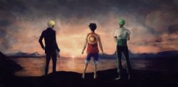 Rule 34 | 3boys, a-amal, back, black hair, blonde hair, boots, cigarette, crossed arms, formal, green hair, hand on own hip, haramaki, hat, highres, male focus, monkey d. luffy, multiple boys, ocean, one piece, pants, roronoa zoro, sandals, sanji (one piece), scenery, sheath, sheathed, shirt, shorts, stampede string, straw hat, suit, sunset, sword, t-shirt, vest, weapon
