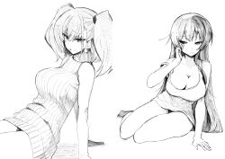 Rule 34 | 2girls, agano (kancolle), atlanta (kancolle), barefoot, breasts, cleavage, earrings, greyscale, hair between eyes, highres, jewelry, kantai collection, large breasts, lineart, long hair, monochrome, multiple girls, off shoulder, open mouth, panties, ribbed sweater, sidelocks, simple background, single earring, sitting, sleeveless, sleeveless sweater, star (symbol), star earrings, sweater, tank top, traditional media, tsuji kazuho, two side up, underwear