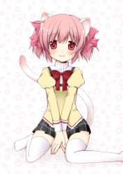 Rule 34 | 10s, 1girl, animal ears, bad id, bad pixiv id, between legs, cat ears, cat tail, hair ribbon, hand between legs, highres, kaname madoka, mahou shoujo madoka magica, mahou shoujo madoka magica (anime), oumi neneha, pink eyes, pink hair, ribbon, school uniform, short twintails, sitting, skirt, solo, tail, thighhighs, twintails, v arms, zettai ryouiki