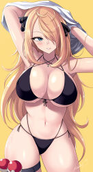 Rule 34 | 1girl, alternate eye color, arms up, bikini, black bikini, blonde hair, blue eyes, breasts, clothes lift, commentary request, creatures (company), cynthia (pokemon), game freak, hair ornament, highres, kasai shin, large breasts, lifted by self, long hair, looking at viewer, navel, nintendo, parted lips, poke ball, poke ball (basic), pokemon, pokemon dppt, shirt lift, signature, simple background, solo, stomach, swimsuit, thigh strap, thighs, very long hair, yellow background