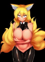 Rule 34 | 1girl, absurdres, animal ears, areola slip, bare shoulders, black background, blonde hair, blush, breasts, closed mouth, commentary, covering privates, covering breasts, cowboy shot, fang, fang out, female pubic hair, fox ears, fox tail, furrowed brow, glaring, hair between eyes, highres, large breasts, looking at viewer, meme attire, mizuga, multiple tails, no headwear, pubic hair, reverse bunnysuit, reverse outfit, sanpaku, simple background, skin fang, solo, sweat, symbol-only commentary, tail, touhou, v-shaped eyebrows, yakumo ran, yellow eyes