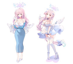 Rule 34 | 1girl, alternate costume, angel wings, ash (cat7evy), blue archive, blue dress, dress, feathered wings, full body, hair bun, halo, highres, idol, low wings, mika (blue archive), pink hair, pink halo, simple background, single side bun, solo, thighhighs, white background, white wings, wing ornament, wings, yellow eyes
