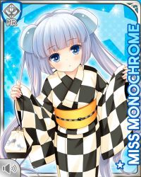 Rule 34 | 1girl, :o, black kimono, blue background, blue eyes, blunt bangs, card, character name, checkered pattern, closed mouth, girlfriend (kari), japanese clothes, kimono, miss monochrome, miss monochrome (character), official art, qp:flapper, solo, tagme, twintails, white hair, white kimono