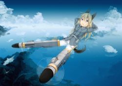 Rule 34 | 1girl, animal ears, arms behind head, blonde hair, blue eyes, cloud, eila ilmatar juutilainen, flying, long hair, military, military uniform, ocean, open mouth, pantyhose, propeller, scenery, sky, solo, strike witches, striker unit, tail, uniform, white pantyhose, world witches series, yadokari (migihashi)