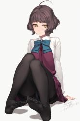 Rule 34 | 1girl, ahoge, arm support, black pantyhose, blue bow, blue bowtie, blunt bangs, bow, bowtie, brown eyes, brown hair, collared shirt, dress, feet, grey background, highres, kantai collection, kishinami (kancolle), knees up, long sleeves, looking at viewer, no shoes, pantyhose, pleated dress, purple dress, rokuwata tomoe, school uniform, shirt, short hair, sidelocks, signature, simple background, sitting, smile, soles, solo, thighband pantyhose, toes, twitter username, wavy hair, white shirt, yellow eyes
