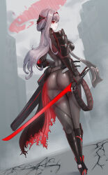 Rule 34 | arm armor, armored bodysuit, ass, black bodysuit, bodysuit, breasts, brown bodysuit, closed mouth, frown, goddess of victory: nikke, grey hair, halo, headgear, holding, holding weapon, large breasts, leg armor, long hair, official alternate costume, red eyes, scarlet (black shadow) (nikke), scarlet (nikke), tebingo, torn clothes, weapon