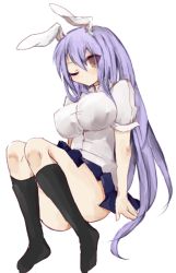 Rule 34 | 1girl, animal ears, bad id, bad pixiv id, black socks, blush, breasts, brown eyes, collared shirt, convenient leg, female focus, impossible clothes, impossible shirt, large breasts, long hair, looking at viewer, miniskirt, one eye closed, purple hair, rabbit ears, reisen udongein inaba, shirt, sitting, skirt, socks, solo, sui (aruko91), touhou, upskirt, very long hair