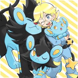 Rule 34 | 1boy, :d, ahoge, blonde hair, blue eyes, blue jumpsuit, clemont (pokemon), commentary, creatures (company), evolutionary line, game freak, gen 4 pokemon, glasses, highres, holding, holding pokemon, jumpsuit, luxio, luxray, male focus, nintendo, open mouth, pokemon, pokemon (anime), pokemon (creature), pokemon xy (anime), pokesumomo, round eyewear, shinx, smile, standing, symbol-only commentary, teeth, tongue, upper teeth only