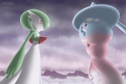 Rule 34 | 2girls, absurdly long hair, absurdres, artist name, black sclera, blue hair, bob cut, closed mouth, cloud, cloudy sky, colored sclera, colored skin, creatures (company), eye contact, female focus, flat chest, from side, game freak, gardevoir, gen 3 pokemon, gen 8 pokemon, gradient hair, green hair, green skin, grey sky, hatterene, highres, long hair, looking at another, mountainous horizon, multicolored hair, multicolored skin, multiple girls, nintendo, outdoors, pink hair, pokemon, pokemon (creature), red eyes, short hair, sky, standing, two-tone hair, two-tone skin, very long hair, void (starvoid7), watermark, white eyes, white skin
