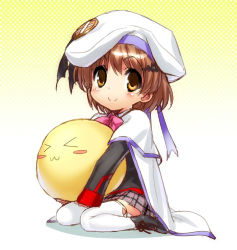 Rule 34 | &gt; &lt;, 1girl, bat hair ornament, blush, blush stickers, bow, bowtie, brown eyes, brown hair, cape, child, clannad, company connection, cosplay, dango daikazoku, closed eyes, hair ornament, hat, key (company), large buttons, little busters!, noumi kudryavka, noumi kudryavka (cosplay), okazaki ushio, plaid, plaid skirt, ribbon, sailor hat, school uniform, short hair, skirt, sleeves past wrists, smile, solo, thighhighs, zen