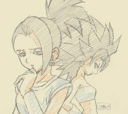 Rule 34 | 10s, 2girls, black eyes, black hair, caulifla, color trace, downscaled, dragon ball, dragon ball super, earrings, frown, graphite (medium), hand on own hip, hand on own chin, jewelry, kale (dragon ball), md5 mismatch, multiple girls, oono tsutomu (animator), ponytail, resized, signature, simple background, smile, spiked hair, tank top, traditional media, wristband