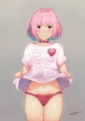 Rule 34 | 1girl, ahoge, artist name, blush, breasts, clothes lift, collar, commentary, english commentary, grey background, heart, heart on chest, highres, idolmaster, idolmaster cinderella girls, kimoshi, looking at viewer, navel, no pants, panties, pink collar, pink eyes, pink hair, pink panties, shirt, shirt lift, short hair, short sleeves, simple background, small breasts, solo, t-shirt, underwear, white shirt, yumemi riamu
