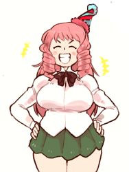 Rule 34 | 10s, 1girl, ^ ^, blush stickers, breasts, curvy, drill hair, closed eyes, green skirt, grin, hands on own hips, hat, inkerton-kun, katawa shoujo, large breasts, long hair, mikado shiina, party hat, pink hair, plump, school uniform, skirt, smile, wide hips