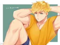 Rule 34 | 1boy, :o, arms behind head, bad id, bad pixiv id, bara, blonde hair, breasts day, exercising, good breasts day, granblue fantasy, green eyes, male focus, muscular, muscular male, satoimo sanda, shirt, short hair, shorts, simple background, sit-up, solo, sweat, training, translation request, undercut, vane (granblue fantasy), white shorts, yellow shirt