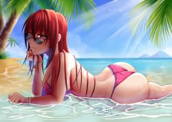 Rule 34 | 1girl, absurdres, artist request, ass, bare shoulders, beach, bikini, breasts, butt crack, fate/grand order, fate (series), highres, large breasts, long hair, looking at viewer, lying, on stomach, red eyes, red hair, scathach (fate), scathach (fate/grand order), scathach (swimsuit assassin) (fate), shiny clothes, shiny skin, sideboob, smile, solo, sunglasses, swimsuit, water, wet, wet clothes, wet hair