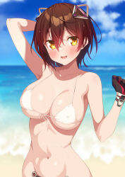 Rule 34 | 1girl, arm behind head, beach, bikini, black gloves, blue sky, blurry, blurry background, breasts, brown hair, cloud, covered erect nipples, day, gloves, hair between eyes, highres, hololive, kazuma (kazumav), large breasts, looking at viewer, navel, ocean, open mouth, outdoors, roboco-san, short hair, sky, solo, swimsuit, virtual youtuber, wet, white bikini, yellow eyes
