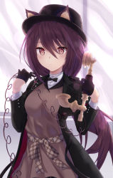 Rule 34 | 1girl, absurdres, animal ears, antique phone, arknights, belt, black gloves, black hat, black jacket, bow, bowtie, breasts, brown eyes, brown shirt, cable, cat ears, cat girl, closed mouth, ears through headwear, gloves, hair between eyes, half gloves, hands up, hat, highres, jacket, long hair, long sleeves, looking at viewer, low ponytail, medium breasts, melantha (arknights), melantha (letters from wessex) (arknights), official alternate costume, open clothes, open jacket, phone, plaid, ponta (velmar), purple hair, shirt, solo, top hat, undershirt, upper body, white shirt