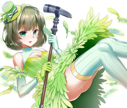 Rule 34 | 10s, 1girl, bad id, bad pixiv id, bare shoulders, blue eyes, breasts, cleavage, elbow gloves, gloves, green eyes, green hair, grin, hat, heterochromia, idolmaster, idolmaster cinderella girls, matching hair/eyes, medium breasts, microphone, microphone stand, mini hat, mini top hat, mole, mole under eye, smile, solo, sonsoso, striped clothes, striped thighhighs, takagaki kaede, thighhighs, top hat, vertical-striped clothes, vertical-striped thighhighs, white background