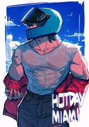 Rule 34 | 1boy, biceps, biker (hotline miami), bird, blue eyes, blue sky, cloud, collarbone, copyright name, covered abs, facing viewer, helmet, highres, hotline miami, looking to the side, male focus, motorcycle helmet, muscular, muscular male, off shoulder, pants, pink vest, seagull, see-through, see-through shirt, sky, solo, tatsu (tatsumccree), torn clothes, torn pants, vest