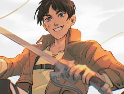 Rule 34 | 1boy, brown hair, brown jacket, collarbone, collared jacket, dirty, dirty face, eren yeager, eyebrows, fingernails, green eyes, grin, happy, harness, highres, holding, holding sword, holding weapon, jacket, jewelry, long sleeves, male focus, necklace, pale skin, shingeki no kyojin, shirt, short hair, sleeves past elbows, smile, solo, solo focus, sword, teeth, viria13, weapon, white background, wire, yellow shirt