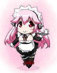 Rule 34 | 1girl, :&gt;, alternate costume, apron, blush, breasts, chibi, cleavage, cup, enmaided, frills, headphones, highres, large breasts, long hair, looking at viewer, maid, maid apron, maid headdress, mister x (shojinn), nitroplus, pink hair, skirt, smile, solo, super sonico, tea, tea set, teacup, teapot