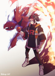 Rule 34 | 1boy, arlo (pokemon), aura, black hair, black jacket, black pants, clenched hand, colored sclera, creatures (company), fire, game freak, gen 2 pokemon, gloves, highres, holding, holding poke ball, hood, hood down, inumaru akagi, jacket, male focus, multicolored hair, nintendo, pants, poke ball, poke ball (basic), pokemon, pokemon (creature), pokemon go, ponytail, red eyes, red hair, red sclera, scizor, simple background, standing, team rocket, twitter username, two-tone hair, white background, white footwear, white gloves