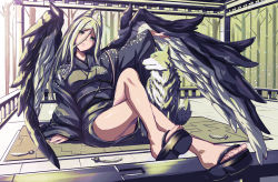Rule 34 | 1girl, ass, blonde hair, blush stickers, dog, feathered wings, green eyes, hair between eyes, highres, horns, japanese clothes, kimono, crossed legs, looking at viewer, natsu (anta tte hitoha), original, sandals, sash, sitting, sleeves past wrists, wings