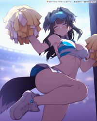 Rule 34 | 1girl, animal ears, animated, animated gif, arm up, armpits, bare arms, black hair, blinking, blue archive, blue eyes, blush, breasts, cheerleader, closed mouth, crop top, dog ears, dog tail, goggles, goggles on head, hibiki (blue archive), hibiki (cheer squad) (blue archive), holding, holding pom poms, large breasts, long hair, millennium cheerleader outfit (blue archive), navel, official alternate costume, pom pom (cheerleading), pom poms, shoes, skirt, solo, standing, standing on one leg, stomach, sweat, tail, tail wagging, waero, white footwear, white skirt