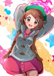 Rule 34 | 1girl, :d, absurdres, backpack, bad id, bad pixiv id, bag, blush, bob cut, brown bag, brown eyes, brown hair, buttons, cable knit, cardigan, collared dress, commentary request, creatures (company), dress, dynamax ball, eyelashes, game freak, gloria (pokemon), green hat, grey cardigan, hat, highres, holding, holding poke ball, hooded cardigan, miyama (yakinikusushi the royal), nintendo, open mouth, pink dress, poke ball, pokemon, pokemon swsh, short hair, smile, solo, star (symbol), tam o&#039; shanter, teeth, tongue, upper teeth only