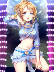 Rule 34 | 10s, 1girl, alternate costume, anmiko, ayase eli, belt, blonde hair, blue eyes, breasts, high heels, long hair, love live!, love live! school idol festival, love live! school idol project, medium breasts, midriff, navel, open mouth, ponytail, solo