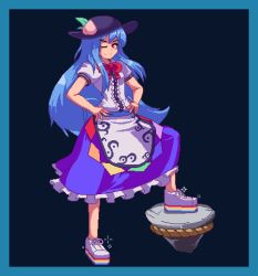 Rule 34 | 1girl, ;), black background, black headwear, blouse, blue border, blue hair, blue skirt, border, bow, bowtie, center frills, closed mouth, food, frilled skirt, frills, fruit, full body, hands on own hips, hinanawi tenshi, keystone, leaf, long hair, looking at viewer, lowres, one eye closed, peach, potemki11, rainbow order, red bow, red bowtie, red eyes, rope, shirt, short sleeves, simple background, skirt, smile, solo, touhou, white footwear, white shirt