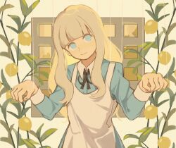 Rule 34 | 1girl, apron, black ribbon, blonde hair, blue dress, blue eyes, blunt bangs, closed mouth, collared shirt, dress, film grain, food, fruit, head tilt, highres, lemon, library of ruina, light smile, long hair, long sleeves, looking at viewer, mili (band), neck ribbon, ooya (july 26), project moon, puppet strings, ribbon, shirt, sidelocks, sideways glance, simple background, solo, string, upper body, white apron, white background, white shirt