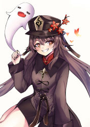 Rule 34 | 1girl, :d, = =, absurdres, animal, black hat, black nails, black shorts, blush, brown hair, brown jacket, bug, butterfly, closed eyes, commentary request, fang, flower, genshin impact, ghost, grey background, grin, hair between eyes, hand up, hat, hat flower, highres, hu tao (genshin impact), insect, jacket, jewelry, long hair, looking at viewer, mandarin collar, nail polish, open mouth, porkpie hat, red eyes, red flower, red shirt, ring, setu (shining12), shirt, short shorts, shorts, smile, solo, very long hair