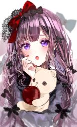 Rule 34 | 1girl, apple, black hair, blush, bow, doll, food, fruit, hair ornament, highres, long hair, looking at viewer, nail art, open mouth, original, puracotte, purple eyes, ribbon, simple background, twintails