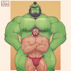 Rule 34 | 2boys, averting eyes, back hair, bara, beard, beefburner, blush, bulge, chest hair, colored skin, couple, crossed arms, facial hair, feet out of frame, green skin, hands on own hips, highres, interspecies, large bulge, leg hair, light frown, loincloth, long beard, looking to the side, male focus, male underwear, mature male, monster boy, multiple boys, muscular, muscular male, mustache, nipples, nose piercing, nose ring, orc, original, piercing, pointy ears, red male underwear, short hair, shy, size difference, standing, strongman waist, thick eyebrows, thick thighs, thighs, tied beard, topless male, tusks, underwear, yaoi
