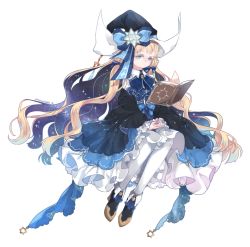 Rule 34 | 1girl, black hat, blonde hair, blue bow, blue eyes, blue hair, blue neckwear, blue ribbon, book, bow, colored inner hair, dress, floating, floating object, frilled sleeves, frills, full body, hair bow, hair ribbon, hat, hat bow, invisible chair, layered dress, levitation, long hair, long sleeves, looking away, magic, maruneko, multicolored hair, open book, original, own hands together, pantyhose, reading, ribbon, shoes, sidelocks, simple background, sitting, solo, star (symbol), tress ribbon, two-tone hair, very long hair, wavy hair, white background, white pantyhose, witch, witch hat