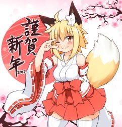 Rule 34 | 1girl, ahoge, animal ears, bare shoulders, blonde hair, blush, breasts, detached sleeves, fox ears, fox tail, japanese clothes, looking at viewer, medium breasts, miko, nengajou, new year, one eye closed, original, solo, tabi, tachi yure, tail, thighhighs, white thighhighs, yellow eyes
