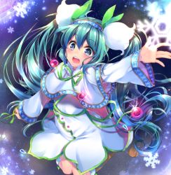 Rule 34 | 1girl, ahoge, bad id, bad pixiv id, capelet, flower, green hair, hatsune miku, lily of the valley, long hair, navy (navy.blue), open mouth, outstretched arm, snowflake print, snowflakes, solo, twintails, very long hair, vocaloid, yuki miku