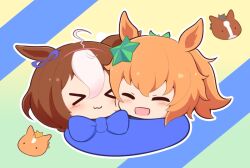 Rule 34 | &gt; &lt;, 2girls, :3, :d, ^ ^, ahoge, animal ears, blush stickers, bow, brown hair, chibi, closed eyes, closed mouth, gomashio (goma feet), green bow, hair between eyes, hair bow, hairband, head only, horse ears, meisho doto (racehorse), meisho doto (umamusume), multicolored hair, multiple girls, open mouth, orange hair, outline, pink hairband, ponytail, smile, taiki shuttle (racehorse), taiki shuttle (umamusume), two-tone hair, umamusume, white bow, white hair, white outline