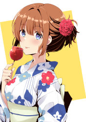 Rule 34 | 1girl, blue eyes, brown hair, candy apple, character request, copyright request, flower, food, hair flower, hair ornament, japanese clothes, kimono, looking at viewer, solo, tongue, tongue out, yoshikita popuri, yukata
