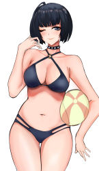 Rule 34 | 1girl, absurdres, bikini, black hair, blue hair, breasts, choker, cleavage, collar, collarbone, highres, jewelry, looking at viewer, medium breasts, nail polish, navel, necklace, nero watch, one eye closed, persona, persona 5, persona 5 the royal, red eyes, short hair, simple background, sitting, smile, solo, swimsuit, takemi tae