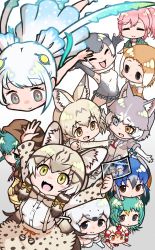 Rule 34 | 6+girls, ^ ^, absurdres, animal ears, arms up, bird wings, black eyes, blonde hair, blue eyes, blue hair, bow, bowtie, brown eyes, brown hair, cat ears, chibi, chicken (kemono friends), closed eyes, closed mouth, colored inner hair, dog (mixed breed) (kemono friends), dress, dress shirt, elbow gloves, empty eyes, extra ears, facing another, fangs, fingerless gloves, floating, fur collar, furrowed brow, geoffroy&#039;s cat (kemono friends), gloves, green eyes, green hair, grey hair, hair between eyes, hair bow, hair ornament, hand in pocket, harness, harp seal (kemono friends), head wings, heterochromia, highres, holding, holding photo, hood, hood up, hoodie, hoshino mitsuki, jacket, japanese otter (kemono friends), kemono friends, long hair, looking at another, lying on person, medium hair, multicolored hair, multiple girls, nana (kemono friends), one-piece swimsuit, open mouth, orange eyes, otter ears, outstretched arm, outstretched arms, peafowl (kemono friends), photo (object), pink hair, pocket, pointing, pointing at another, ponytail, red hair, resplendent quetzal (kemono friends), shirt, sidelocks, simple background, skirt, skyfish (kemono friends), small-clawed otter (kemono friends), smile, standing, striped clothes, striped hoodie, suspender skirt, suspenders, swimsuit, tsuchinoko (kemono friends), twintails, white background, white hair, white serval (kemono friends), wings, yellow eyes