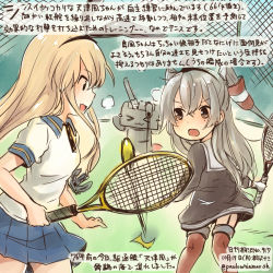 Rule 34 | 10s, 2girls, :d, alternate costume, amatsukaze (kancolle), ball, blonde hair, blue skirt, brown eyes, commentary request, dated, gloves, kantai collection, kirisawa juuzou, long hair, multiple girls, open mouth, polo shirt, profile, racket, rensouhou-chan, shimakaze (kancolle), shirt, short sleeves, silver hair, skirt, smile, tennis, tennis ball, tennis racket, traditional media, translation request, twitter username, two side up, white gloves, white shirt