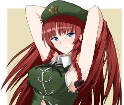 Rule 34 | 1girl, armpits, arms behind head, blue eyes, braid, breasts, hat, highres, homco, hong meiling, large breasts, long hair, red hair, solo, star (symbol), touhou, twin braids