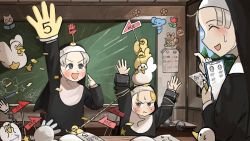Rule 34 | 3girls, ^ ^, aged down, arm up, arms up, arrow (symbol), bird, book, chalkboard, cheating (competitive), chicken, closed eyes, confetti, desk, diva (hyxpk), duck, duckling, dumbbell, emphasis lines, habit, highres, little nuns (diva), mole, mole under eye, motion blur, multiple girls, nun, parted grey nun (diva), pointing, pointing at self, rope, sleeves rolled up, smug nun (diva), spring (object), strict nun (diva), tally, traditional nun, window