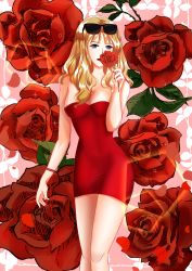 1girl blonde_hair blue_eyes breasts cleavage cowboy_bebop curly_hair dress flower highres julia_(cowboy_bebop) lipstick makeup petals red_dress rose string_of_fate sunglasses sunglasses_on_head